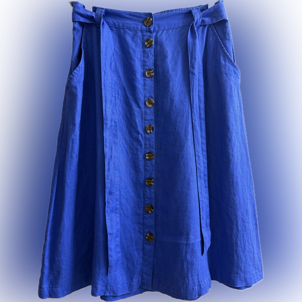 Christian Siriano • 100% Linen Skirt • Cobalt Blue • Tortoise print buttons